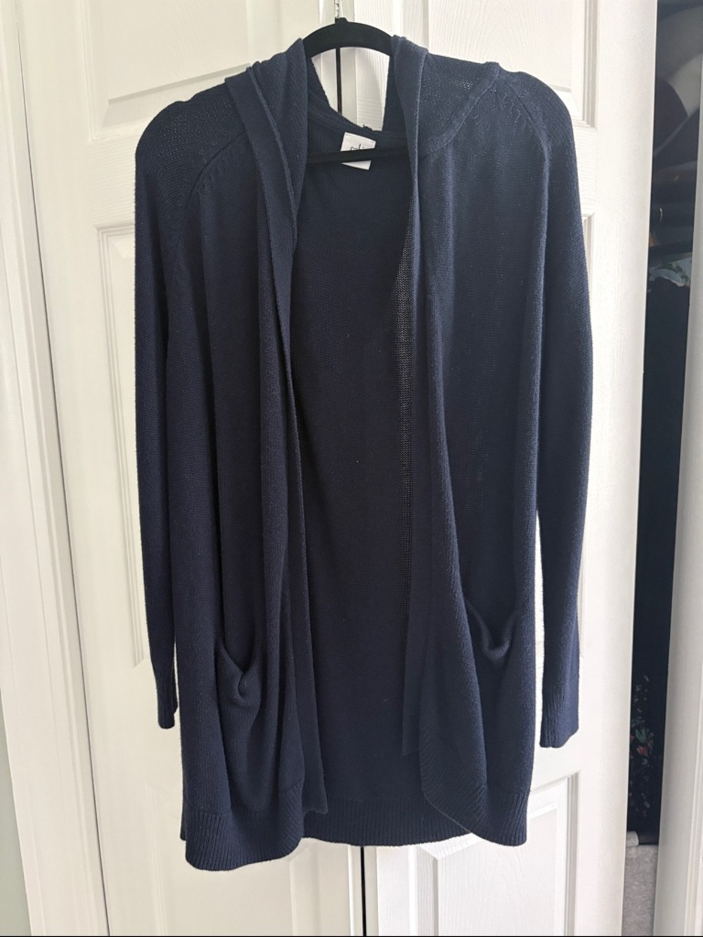 Cabi Navy Blue Open Front Hooded Cardigan Sweater Pockets Size Medium